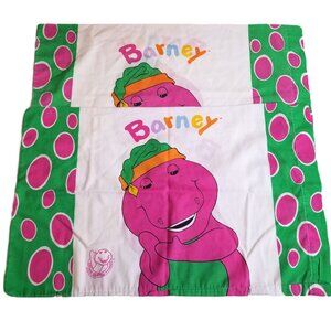 Vintage 1990s Barney Pillowcases Set of 2 Green Purple Polka Dots Retro Cartoon